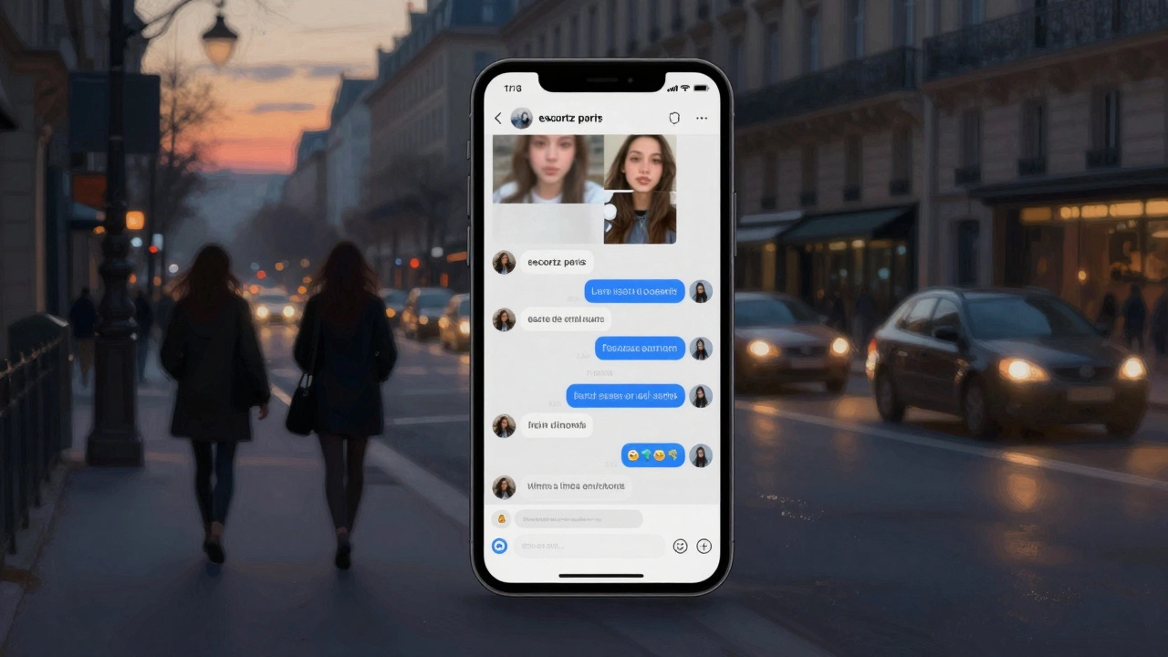 A smartphone displays cryptic escort ads while silhouettes of women walk through empty Paris streets at dawn.